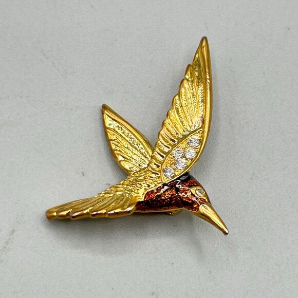 Hummingbird Pin Brooch Small Brown Enamel Little Figural Bird Animal Gold Tone - Picture 5 of 5
